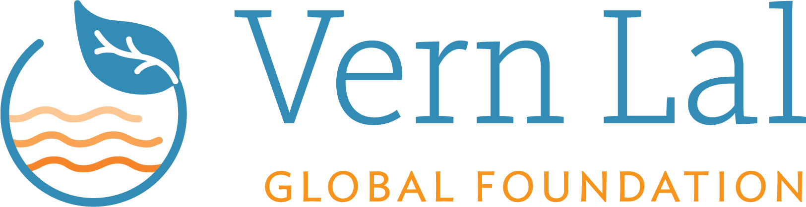 Logo of Vern Lab Global Foundation featuring a blue leaf above wavy orange lines inside a circle, with the organization’s name in blue and orange text on a white background.