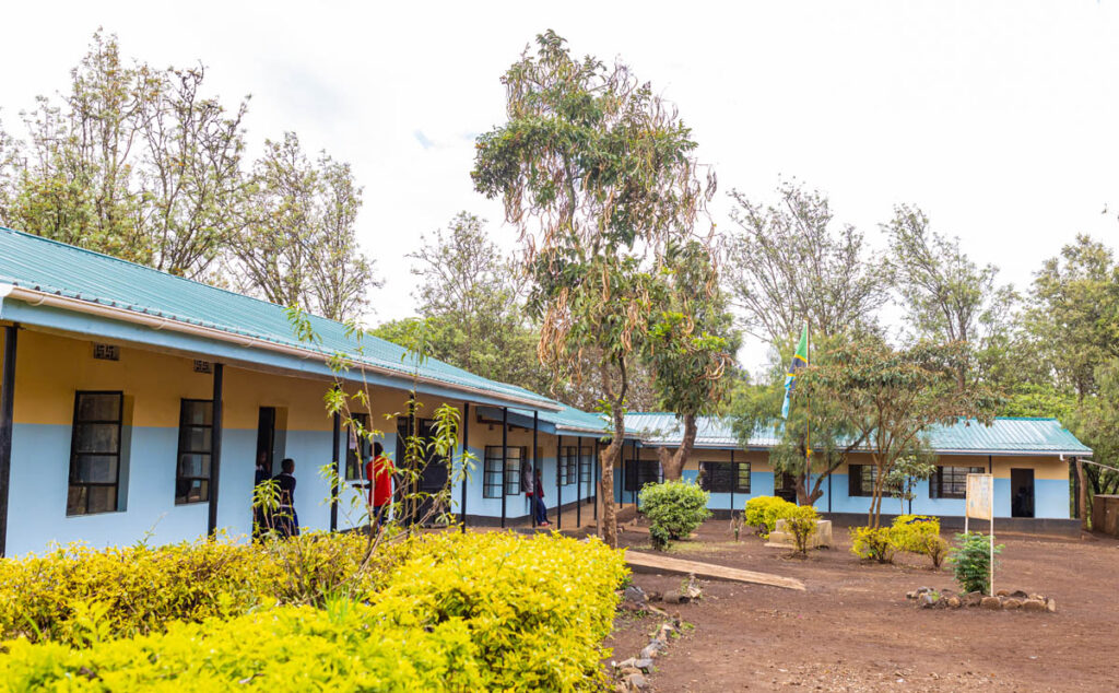 Single-story school buildings with blue and yellow walls, surrounded by trees and shrubs, under a cloudy sky.