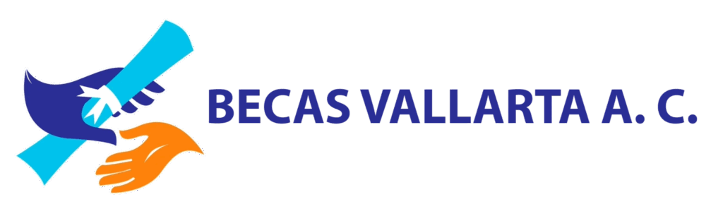 Logo of Becas Vallarta A. C. featuring a blue hand holding a diploma and an orange hand below, with the organization name in bold blue letters.