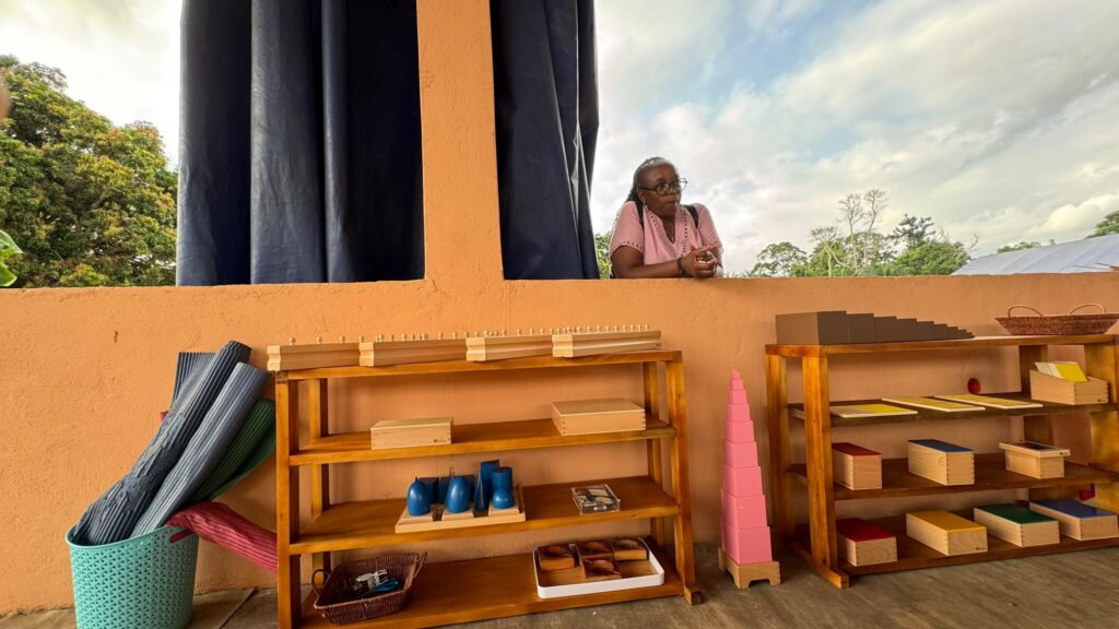 A woman stands behind a peach-colored wall, above shelves with educational Montessori materials and mats, in a room with natural light.
