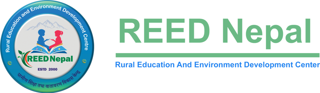 Logo for REED Nepal, the Rural Education and Environment Development Centre, featuring an illustration of children reading books.